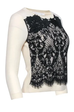 Diane von Furstenberg - Ivory  Wool Blend Sweater w/ Black Lace Detail Sz P