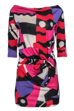 Diane von Furstenberg - Multicolored Wavy Patterned Silk Dress w/ Knotted Waist Sz 2