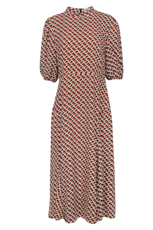 Diane von Furstenberg  - Mustard Chain Print Crepe Maxi Dress w/ Puff Sleeve Sz 14