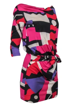 Diane von Furstenberg - Multicolored Wavy Patterned Silk Dress w/ Knotted Waist Sz 2