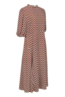 Diane von Furstenberg  - Mustard Chain Print Crepe Maxi Dress w/ Puff Sleeve Sz 14