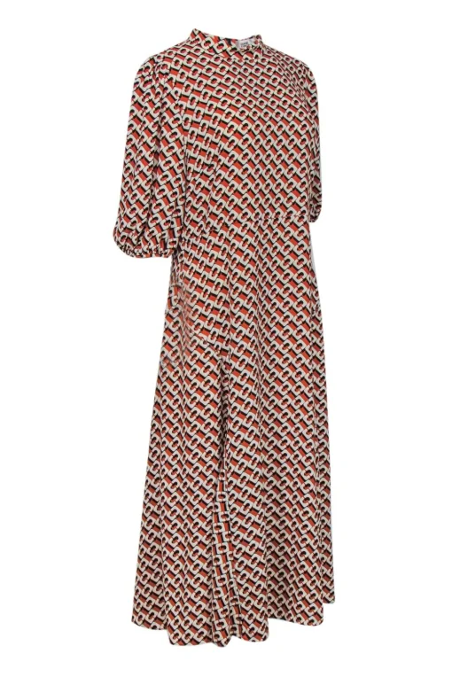 Diane von Furstenberg  - Mustard Chain Print Crepe Maxi Dress w/ Puff Sleeve Sz 14