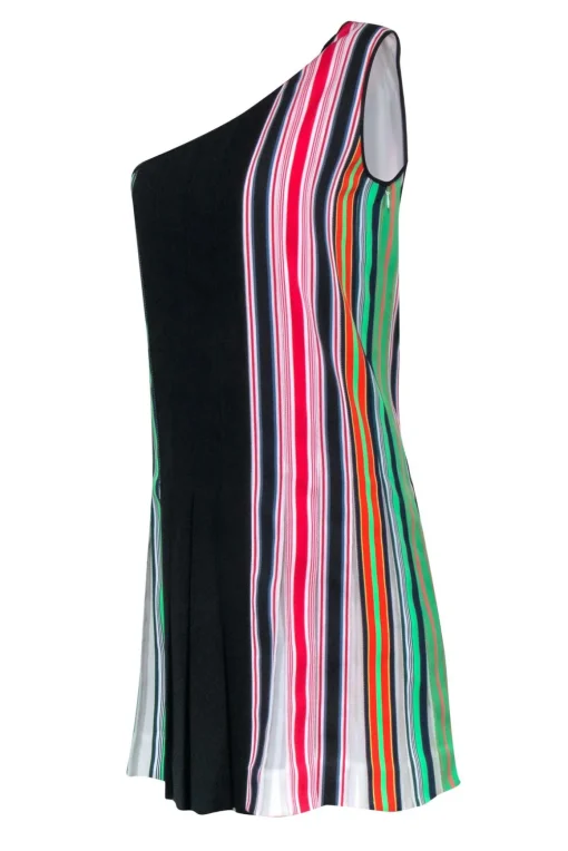 Diane von Furstenberg - Multi Color Stripe Ribbon One Shoulder Dress Sz 2
