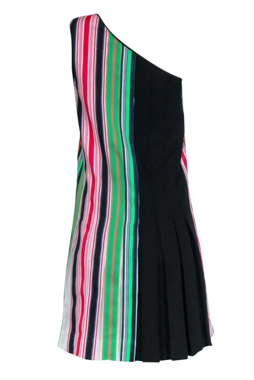 Diane von Furstenberg - Multi Color Stripe Ribbon One Shoulder Dress Sz 2