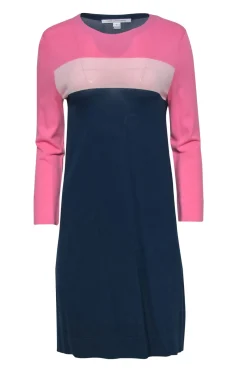 Diane von Furstenberg - Navy & Pink Knit Long Sleeve Dress Sz M
