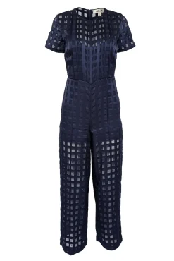 Diane von Furstenberg - Navy Checkered Print Short Sleeve Jumpsuit Sz 0