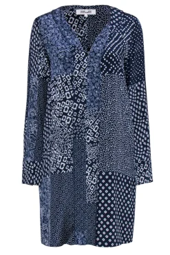 Diane von Furstenberg - Navy & White Patchwork Print Silk Shift Dress Sz M