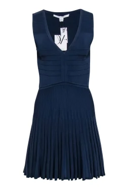 Diane von Furstenberg - Navy Knit Sleeveless Pleated Dress Sz S