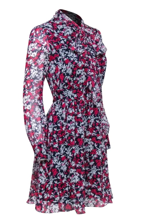 Diane von Furstenberg - Navy, Pink, & White Floral Print Long Sleeve Silk Mini Dress Sz 0