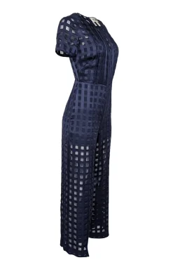 Diane von Furstenberg - Navy Checkered Print Short Sleeve Jumpsuit Sz 0