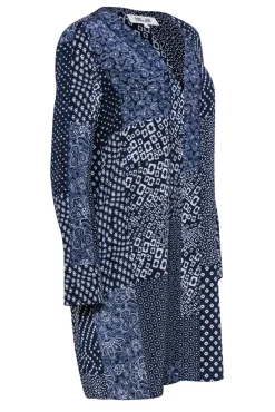 Diane von Furstenberg - Navy & White Patchwork Print Silk Shift Dress Sz M