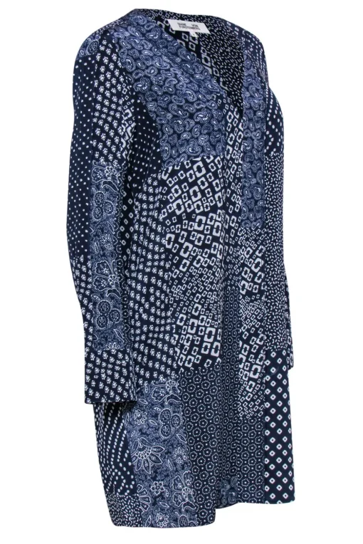 Diane von Furstenberg - Navy & White Patchwork Print Silk Shift Dress Sz M