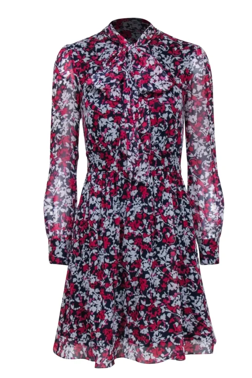 Diane von Furstenberg - Navy, Pink, & White Floral Print Long Sleeve Silk Mini Dress Sz 0