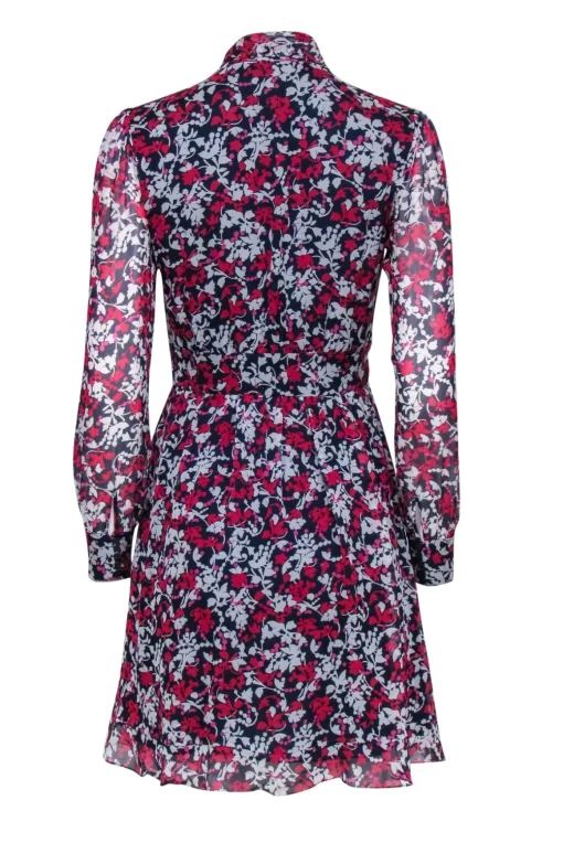 Diane von Furstenberg - Navy, Pink, & White Floral Print Long Sleeve Silk Mini Dress Sz 0