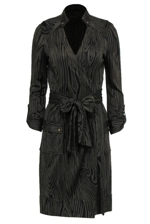 Diane von Furstenberg - Olive Wood Grain Print Silk Midi Wrap Dress Sz 8