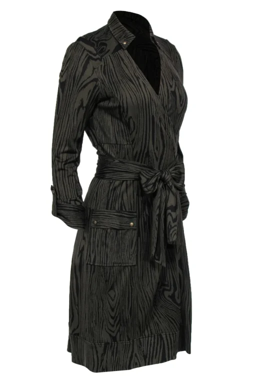 Diane von Furstenberg - Olive Wood Grain Print Silk Midi Wrap Dress Sz 8