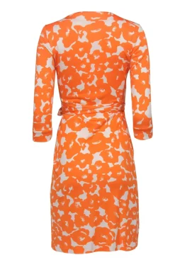 Diane von Furstenberg - Orange & White Print Long Sleeve Wrap Dress Sz 2