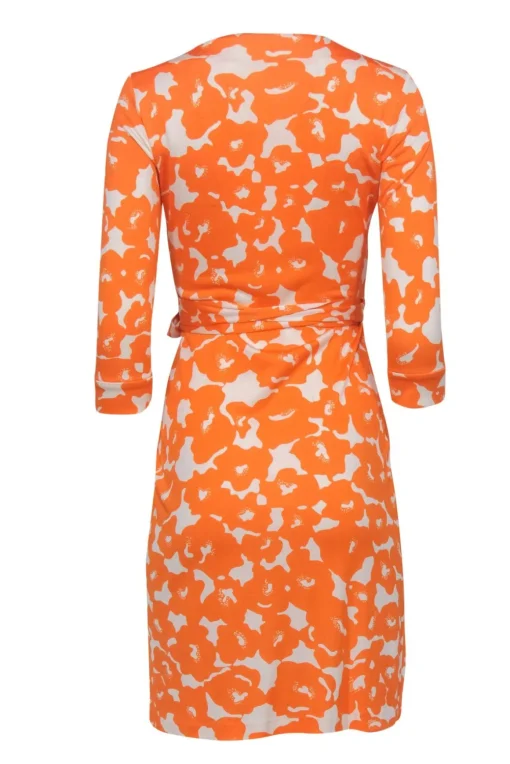 Diane von Furstenberg - Orange & White Print Long Sleeve Wrap Dress Sz 2