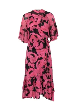 Diane von Furstenberg - Pink & Black Cropped Sleeve Floral Wrap Midi Dress Sz S