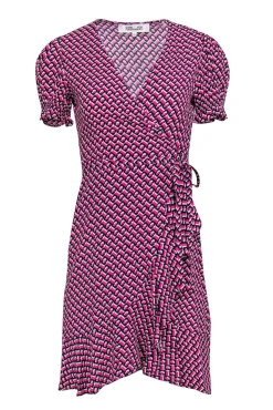Diane von Furstenberg - Pink, Black & White Print Short Sleeve Wrap Dress Sz XS