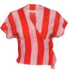Diane von Furstenberg - Pink & Orange Striped Short Sleeve Cropped Wrap Blouse Sz P
