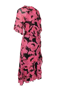 Diane von Furstenberg - Pink & Black Cropped Sleeve Floral Wrap Midi Dress Sz S