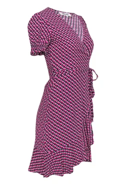 Diane von Furstenberg - Pink, Black & White Print Short Sleeve Wrap Dress Sz XS