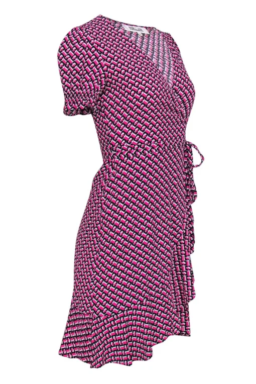 Diane von Furstenberg - Pink, Black & White Print Short Sleeve Wrap Dress Sz XS