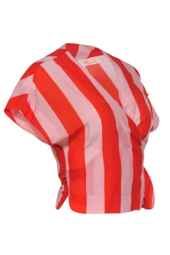 Diane von Furstenberg - Pink & Orange Striped Short Sleeve Cropped Wrap Blouse Sz P