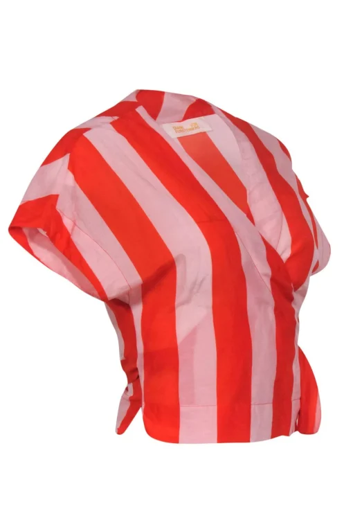 Diane von Furstenberg - Pink & Orange Striped Short Sleeve Cropped Wrap Blouse Sz P