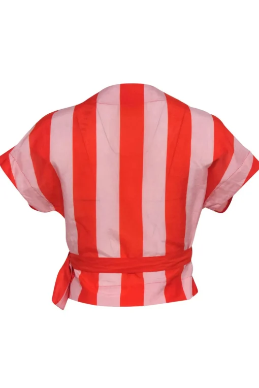 Diane von Furstenberg - Pink & Orange Striped Short Sleeve Cropped Wrap Blouse Sz P