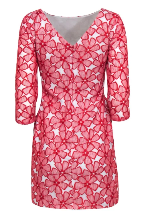 Diane von Furstenberg - Red Floral Embroidery Lace Crop Sleeve Dress Sz 4