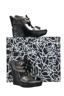 Diane von Furstenberg - Silver & Black Leather Strappy Platform “Odette” Wedges Sz 8.5