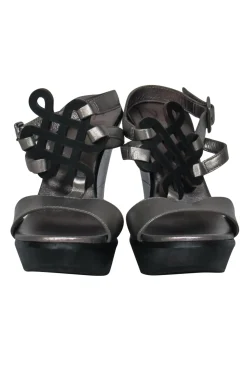 Diane von Furstenberg - Silver & Black Leather Strappy Platform “Odette” Wedges Sz 8.5
