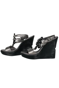 Diane von Furstenberg - Silver & Black Leather Strappy Platform “Odette” Wedges Sz 8.5