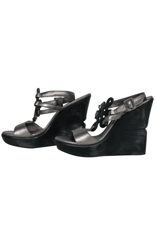 Diane von Furstenberg - Silver & Black Leather Strappy Platform “Odette” Wedges Sz 8.5