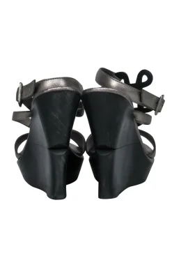 Diane von Furstenberg - Silver & Black Leather Strappy Platform “Odette” Wedges Sz 8.5