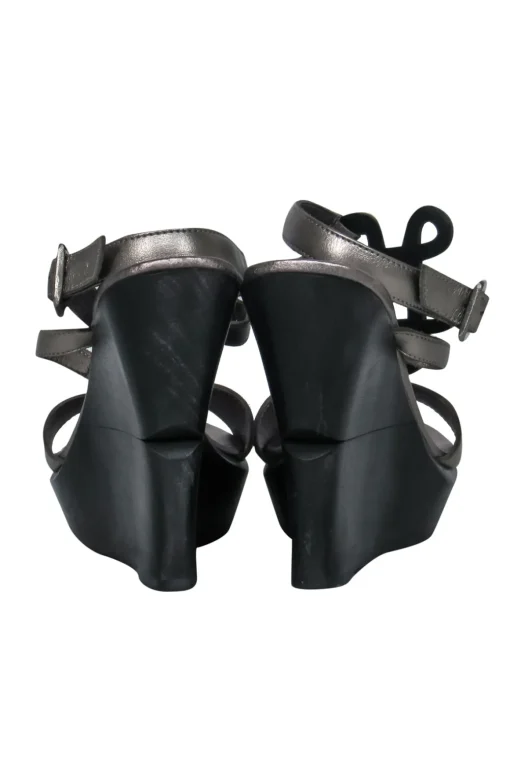 Diane von Furstenberg - Silver & Black Leather Strappy Platform “Odette” Wedges Sz 8.5