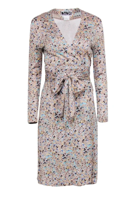 Diane von Furstenberg - Tan Long Sleeve Speckled Wrap Knee-Length Dress Sz 6