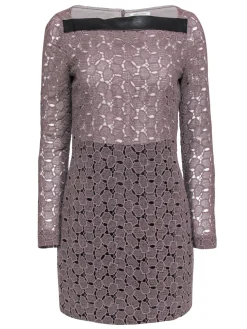 Diane von Furstenberg - Taupe Eyelet Lace Shift Dress w/ Leather Trim Sz 6
