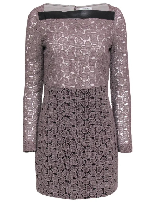 Diane von Furstenberg - Taupe Eyelet Lace Shift Dress w/ Leather Trim Sz 6