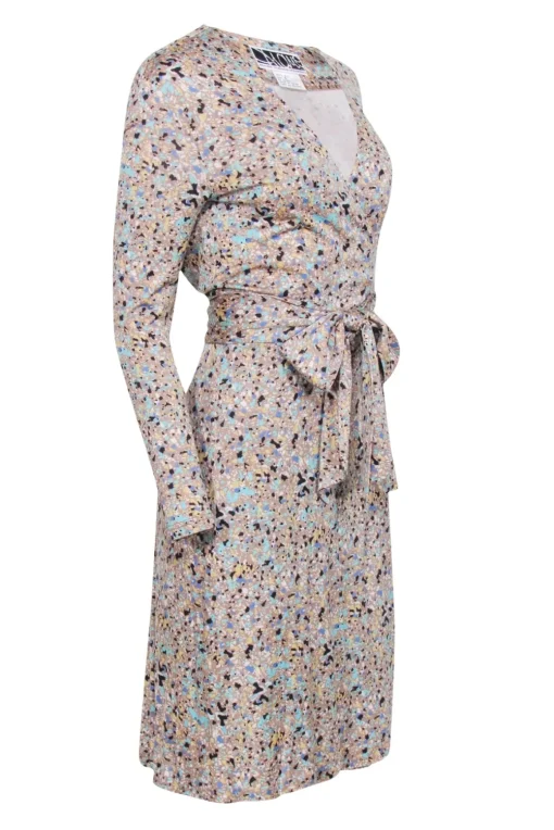 Diane von Furstenberg - Tan Long Sleeve Speckled Wrap Knee-Length Dress Sz 6