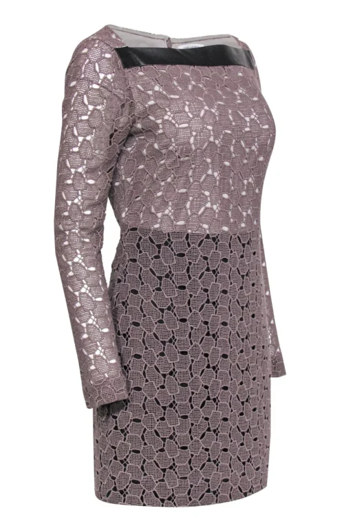 Diane von Furstenberg - Taupe Eyelet Lace Shift Dress w/ Leather Trim Sz 6