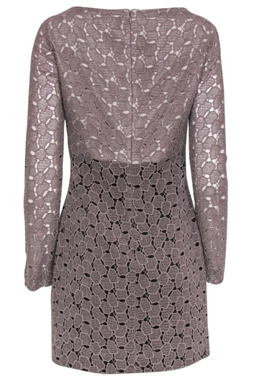 Diane von Furstenberg - Taupe Eyelet Lace Shift Dress w/ Leather Trim Sz 6