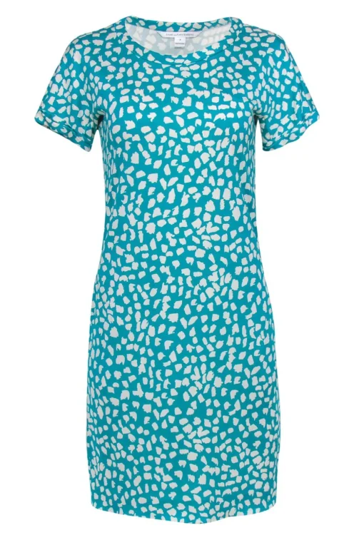 Diane von Furstenberg - Teal & White Speckled Short Sleeve Silk Shift Dress Sz 8