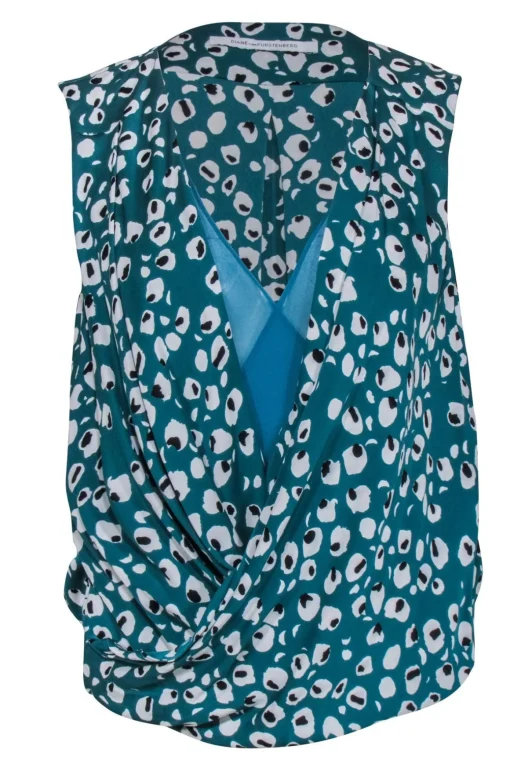 Diane von Furstenberg - Teal Green Leopard Print Faux Wrap Front Tp Sz P