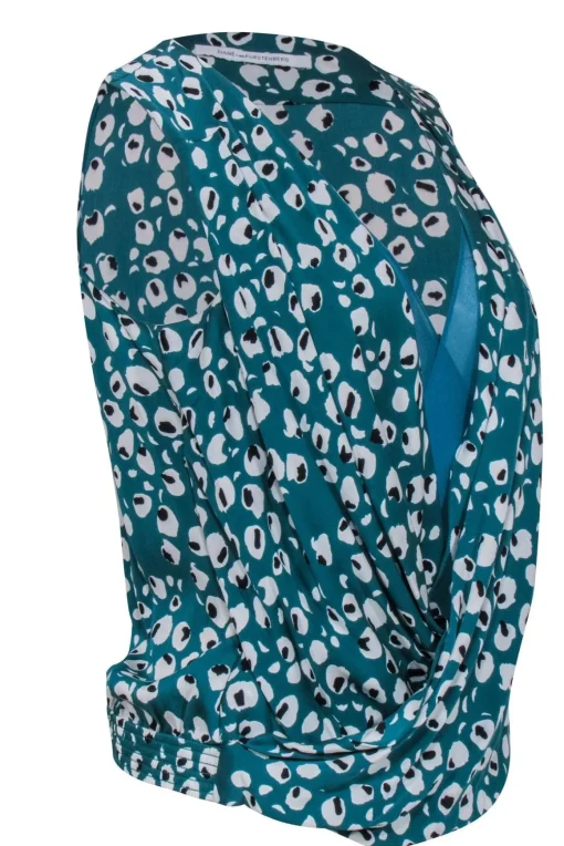 Diane von Furstenberg - Teal Green Leopard Print Faux Wrap Front Tp Sz P
