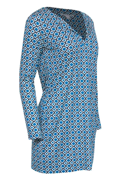 Diane von Furstenberg - Teal, Navy & White Geometric Print Shift Dress Sz 6