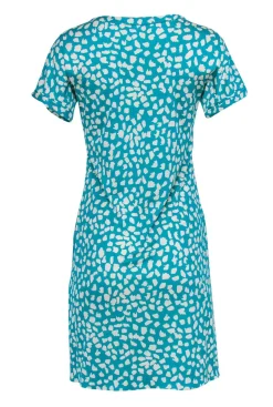 Diane von Furstenberg - Teal & White Speckled Short Sleeve Silk Shift Dress Sz 8