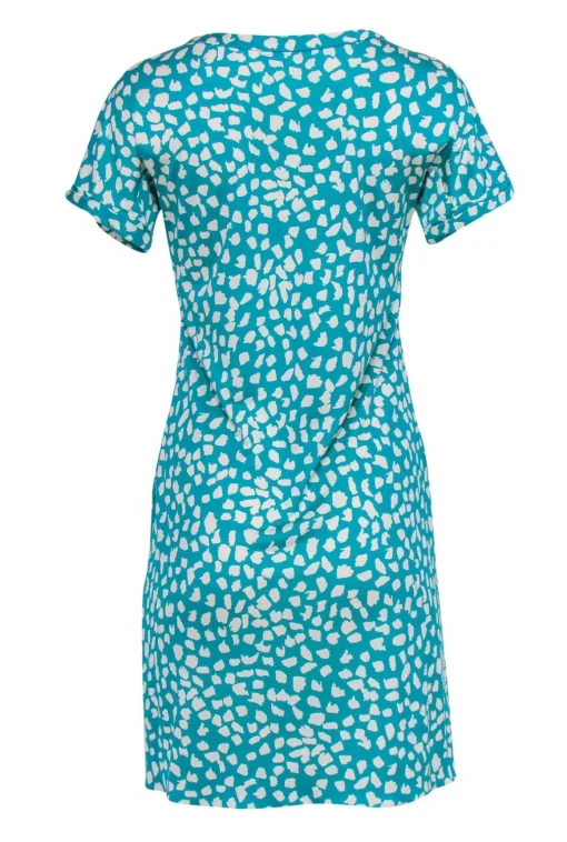 Diane von Furstenberg - Teal & White Speckled Short Sleeve Silk Shift Dress Sz 8